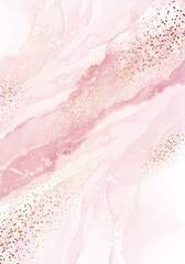 Luxury blush pink abstract fluid art painting, alcohol ink technique, mix rose paints. Imitation of marble stone cut surface, glowing golden veins. Tender soft dreamy design in vector
