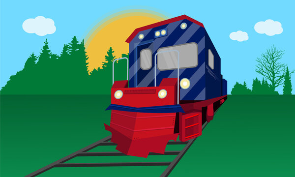 Vector Train Illustration with Sky, Sun and Green Background