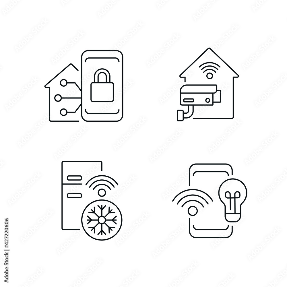 Poster smart house linear icons set. thin line customizable illustration. contour symbol. vector isolated o