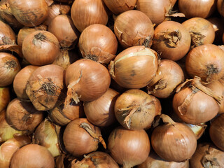 Obraz premium Fresh onions. Onions background. Ripe onions. Onions in market