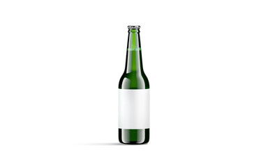 Blank green glass beer bottle with white label mockup, isolated