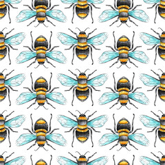watercolor and Ink Honey Bees and Botanical on Grey Background Seamless Pattern