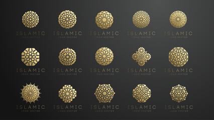 Gold islamic logo set on dark background. Ramadan kareem vector pattern. Round shape logo design. Islamic circle logo simple pattern. Arabic vector 3d emblem. - obrazy, fototapety, plakaty