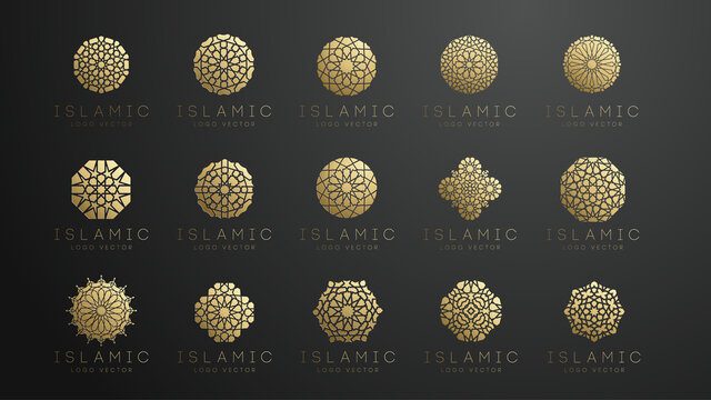 Gold islamic logo set on dark background. Ramadan kareem vector pattern. Round shape logo design. Islamic circle logo simple pattern. Arabic vector 3d emblem.