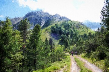 Oil painting illustration of hiking trail in Zillertal Austrian Alps.