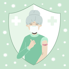 Happy old lady in medical face mask raising thumbs up and shows bandage after injection of the flu vaccine. Coronavirus vaccination vector flat illustration.