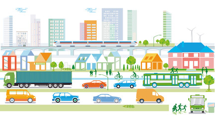 Stadtsilhouette mit Verkehr und Personen, Gemeinde, Stadtplan Illustration