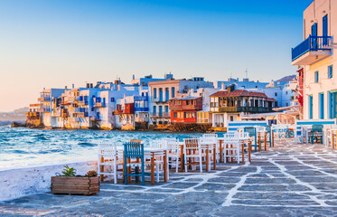 Mykonos, Greece. Waterfront in Little Venice, Mykonos at sunset. - obrazy, fototapety, plakaty