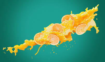 oranges with juice splash on a green background