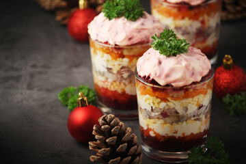 Dressed herring or herring under fur - traditional Russian salad