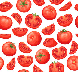 Tomatoes seamless pattern on a white background. Red ripe tomatoes with a green twig. Great for menus, labels, packaging.