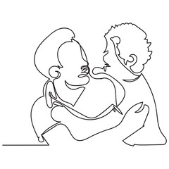 Continuous line drawing vector illustration. Father with son in his arms silhouette. Vector illustration