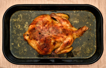 Roasted chicken in a black baking pan with too much oil. Very tasty but unhealthy, oily and fatty food. Top view.