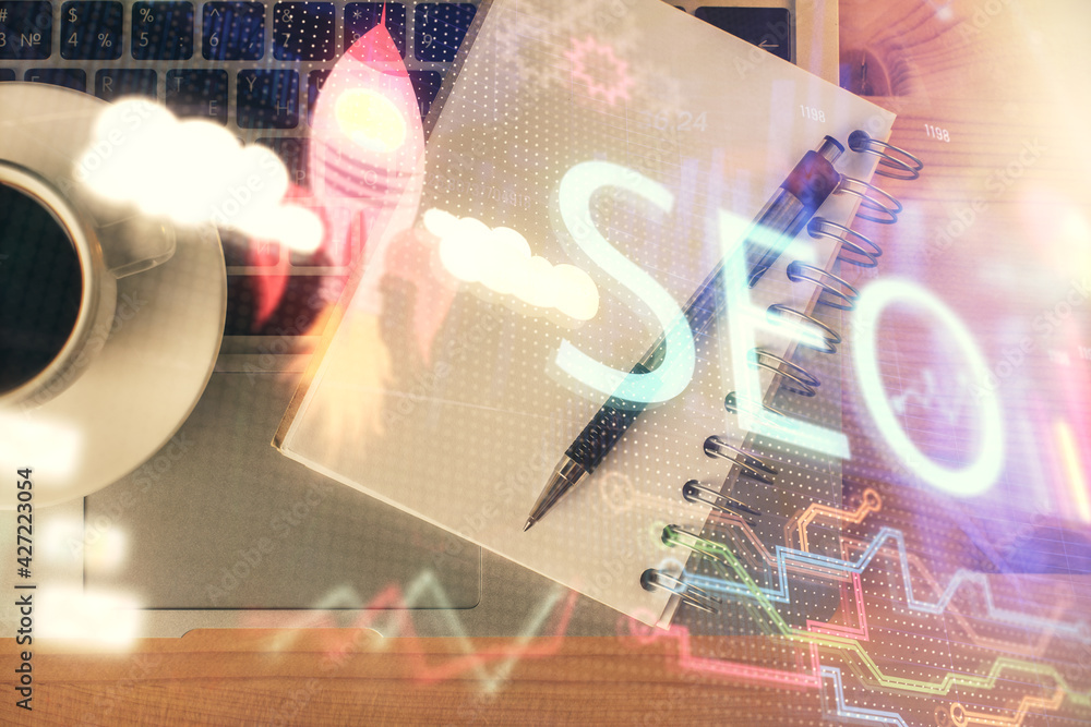Poster double exposure of seo drawing and table top veiw. concept of search optimization.