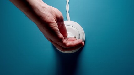 Male hand Switches On A Toggle Switch On The Blue Wall