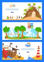 Children play zone, nature playground, fun park, happy childhood, character background, design, cartoon style vector illustration.
