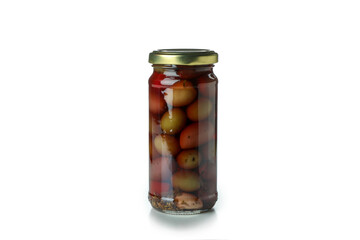Glass jar of olives isolated on white background