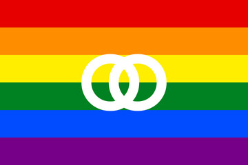 Ehe Symbol auf einer Regenbogenfahne. Konzept Gender Gleichheit