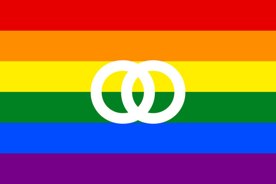 Ehe Symbol auf einer Regenbogenfahne. Konzept Gender Gleichheit