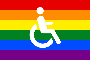 Symbol eines Rollstuhlfahrer oder Behinderten auf Regenbogenfarbe. Konzept Gender Gleichheit