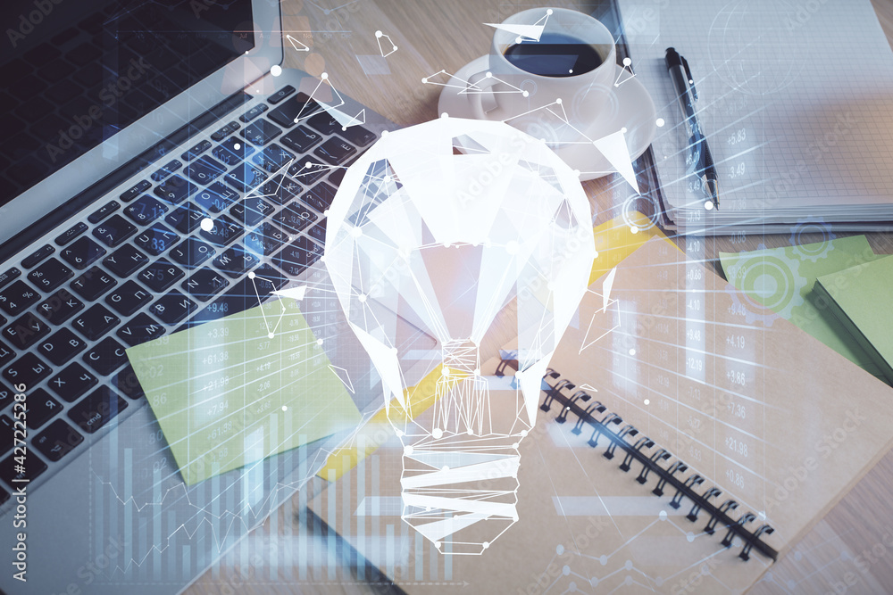 Poster double exposure of bulb drawing and desktop with coffee and items on table background. concept of id