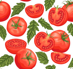 Tomatoes seamless pattern on a white background. Red ripe tomatoes with green leaves. Great for menus, labels, packaging.