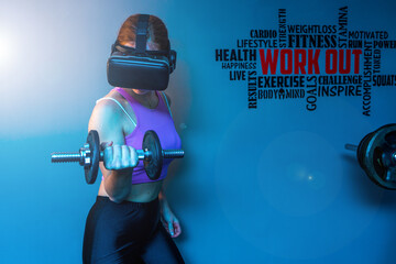 Attractive young red hair sportswoman training biceps in the gym of her beautiful house with vr...
