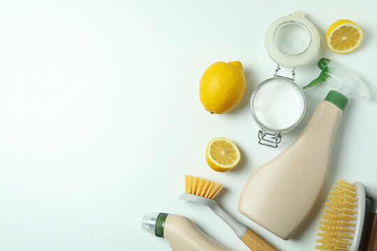 Cleaning concept with eco friendly cleaning tools on white background