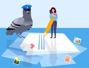 Fototapeta premium Mail mailbox, delivery pigeon letter, message receipt, tiny girl, service envelope, design, cartoon style vector illustration.