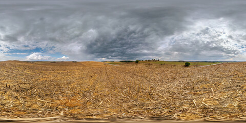 full seamless spherical hdri panorama 360 degrees angle view on among farming fields in autumn day before storm in equirectangular projection, ready for VR AR virtual reality content
