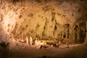 Underground caves with stalactites and stalagmites formations into the Frasassi Caves (Grotte di...