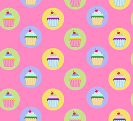Seamless pattern with colorful cupcakes for birthday greeting card or party invitation, vector. Birthday party background 