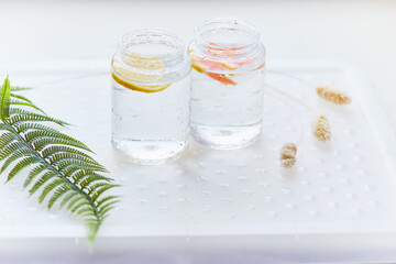 Summer cocktail. Hard seltzer with grapefruit and lemon. Homemade summer cocktails. Summer background,  copy space. Top view
