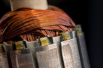 Rotor of an electric motor close up. Copper motor windings.