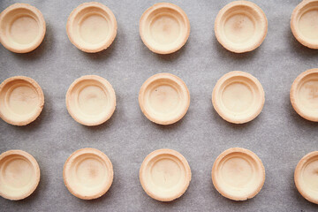 Baking tartlets. Shop food, baking preparation. Baskets in a row. Food texture