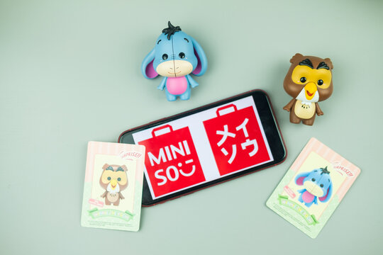 Bangkok, Thailand - April 12, 2021 : Cute figurine of Eeyore and Owl, Winnie the pooh Figures Mystery box Blind box from Miniso shop