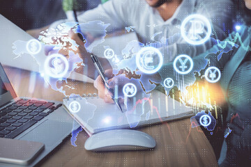 Double exposure of forex chart drawing over people taking notes background. Concept of financial analysis