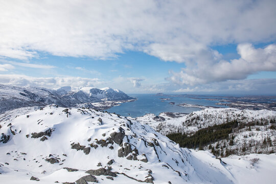 Mountain hike in fresh snow and great spring weather,Brønnøy,Helgeland,Nordland county,Norway,scandinavia,Europe	