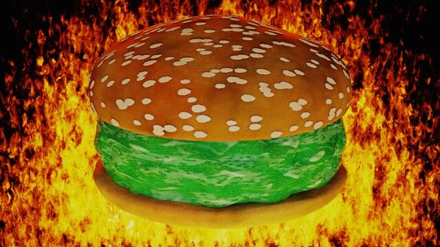 Ein "gr&uuml;ner" Burger vor feurigem Hintergrund. Kultiviertes Fleisch. GMO "Fleisch" In-Vitro-Zucht von Laborfleisch
