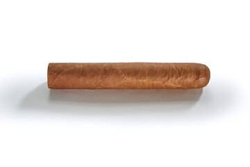 close up view of nice robusto Cuban cigar on white back 