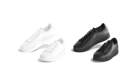 Blank black and white leather sneakers on tiptoe mockup, isolated
