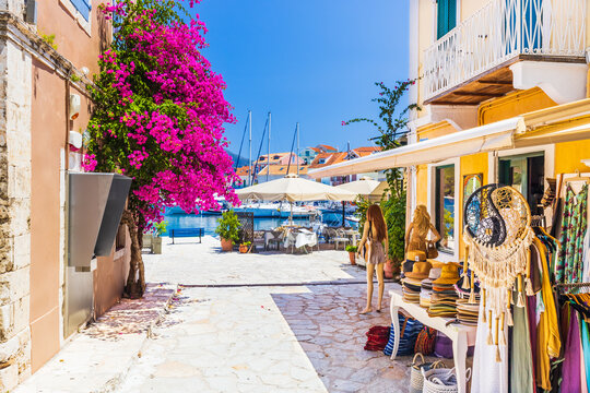 Kefalonia island, Greece. Shops in Fiskardo village.