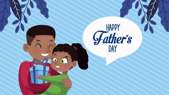 happy fathers day lettering in speech bubble with afro dad and daughter