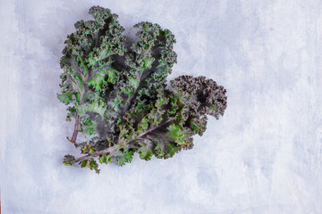 Fresh green kale leaves on light background, top view flat lay, with copy space and space for text