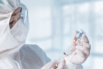 NO LOGOS OR TRADEMARKS!  SELF MADE LABELS!  view of doctor with an ampule of covid vaccine and...