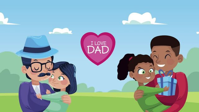 i love dad lettering in heart with interracial dads and daughters