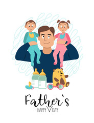 Vector illustration, happy father with his son and daughter. Happy father's day design for card, poster, postcard.