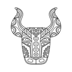 Vector hand drawn bull head. Illustration in doodle style. Isolated on white background. Tribal animal with ethnic pattern. Coloring page for antistress coloring book. Outline. - 427229000