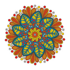 Vector autumn doodle mandala. Hand drawn floral illustration with leaves, berries and curls. Red, orange, yellow and blue colors. Abstract fall mandala. - 427229064