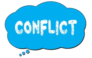 CONFLICT text written on a blue thought bubble.
